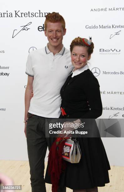 Enie van de Meiklokjes and Tobias Staerbo attend the Guido Maria Kretschmer For eBay Collection Launch at Label 2 on April 10, 2013 in Berlin,...