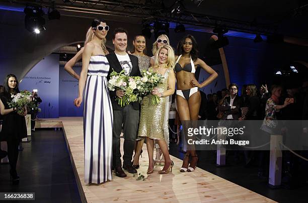 Guido Maria Kretschmer, Annabel Mandeng and Leonie Bechtoldt attend the Guido Maria Kretschmer For eBay Collection Launch at Label 2 on April 10,...