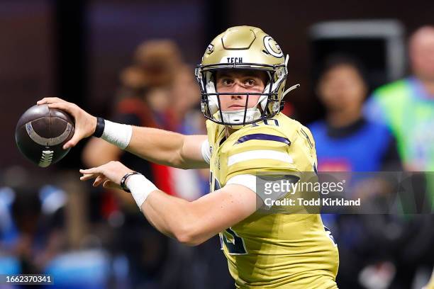 Haynes King of the Georgia Tech Yellow Jackets passes during the second half against the Louisville Cardinals at Mercedes-Benz Stadium on September...