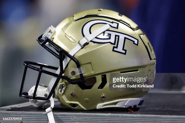 Georgia Tech Yellow Jackets helmet sits atop an equipment case during the second half against the Louisville Cardinals at Mercedes-Benz Stadium on...