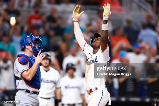 Jazz Chisholm Jr. #2 of the Miami Marlins celebrates a solo home run against the Los Angeles Dodgers in the eighth inning at loanDepot park on...