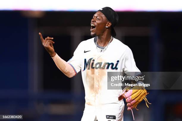 Jazz Chisholm Jr. #2 of the Miami Marlins celebrates a 6-3 win over the Los Angeles Dodgers at loanDepot park on September 05, 2023 in Miami, Florida.