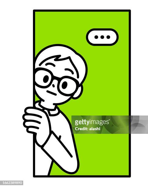 a shy and introverted boy with horn-rimmed glasses, looking out of a window at the viewer, popping out from a blank banner, behind a wall, minimalist style, black and white outline - awkward silence stock illustrations