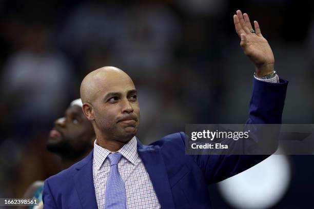 Former tennis player James Blake waves to the crowd before a Men's Singles Quarterfinal match on Day Nine of the 2023 US Open at the USTA Billie Jean...