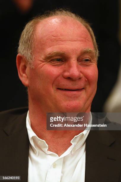Uli Hoeness, President of Munich smiles during the FC Bayern Muenchen gala dinner at the team squad Principi di Piemonte after winning their UEFA...