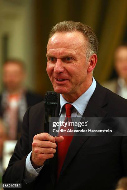 Karl-Heinz Rummenigge, CEO of Munich speaks during the FC Bayern Muenchen gala dinner at the team squad Principi di Piemonte after winning their UEFA...