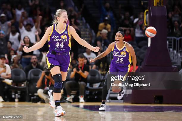 Guard Karlie Samuelson of the Los Angeles Sparks reacts to her basket in the second half against the Chicago Sky at Crypto.com Arena on August 29,...