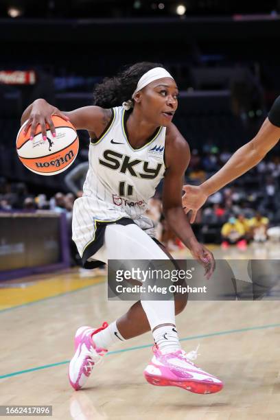 Guard Dana Evans of the Chicago Sky handles the ball in the second half against the Los Angeles Sparks at Crypto.com Arena on August 29, 2023 in Los...