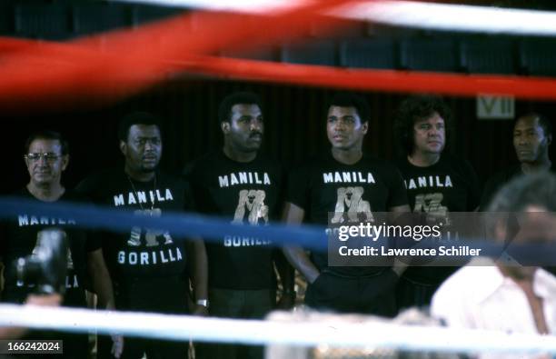 American boxer Muhammad Ali stands with his cornermen and his trainer Angelo Dundee , Manila, Philippines, mid to late September 1975. All wear...