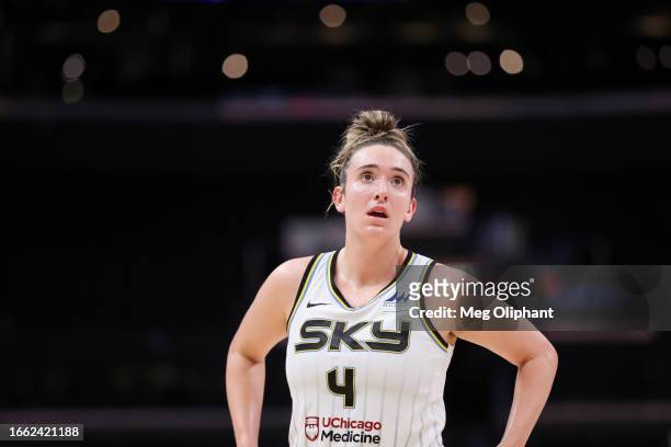 Guard Marina Mabrey of the Chicago Sky looks on during the second half against the Los Angeles Sparks at Crypto.com Arena on August 29, 2023 in Los...