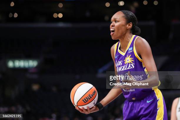 Forward Azura Stevens of the Los Angeles Sparks reacts during the game against the Chicago Sky at Crypto.com Arena on August 29, 2023 in Los Angeles,...