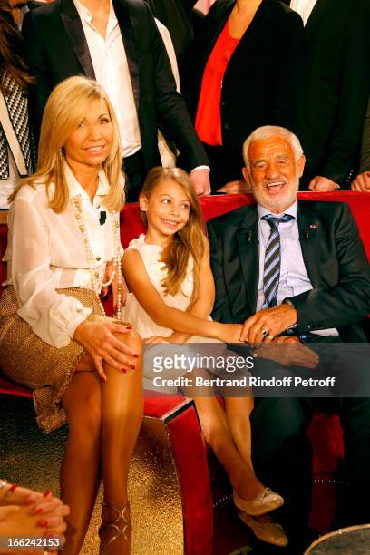 Jean-Paul Belmondo with his daughter Stella Belmondo and his former wife Natty Belmondo attend 'Vivement Dimanche' French TV Show, for the 80th...