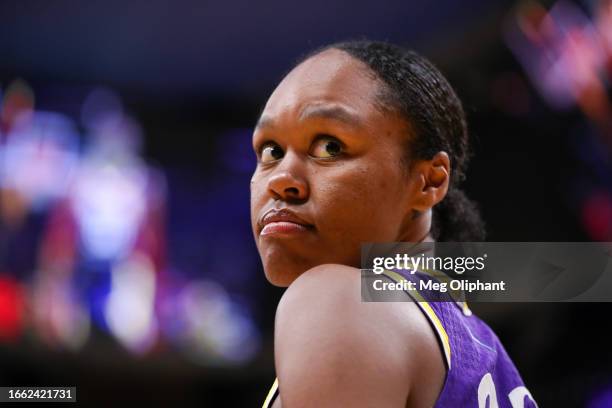 Forward Azura Stevens of the Los Angeles Sparks looks on during the game against the Chicago Sky at Crypto.com Arena on August 29, 2023 in Los...