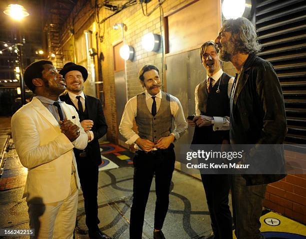 Vintage Trouble and Scooter Weintraub backstage at John Varvatos Bowery NYC 5th Anniversary on April 10, 2013 in New York City.