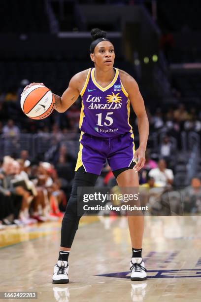 Guard Jasmine Thomas of the Los Angeles Sparks looks to pass the ball in the first half against the Chicago Sky at Crypto.com Arena on August 29,...
