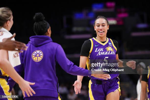 Forward Dearica Hamby of the Los Angeles Sparks reacts during the first half against the Chicago Sky at Crypto.com Arena on August 29, 2023 in Los...