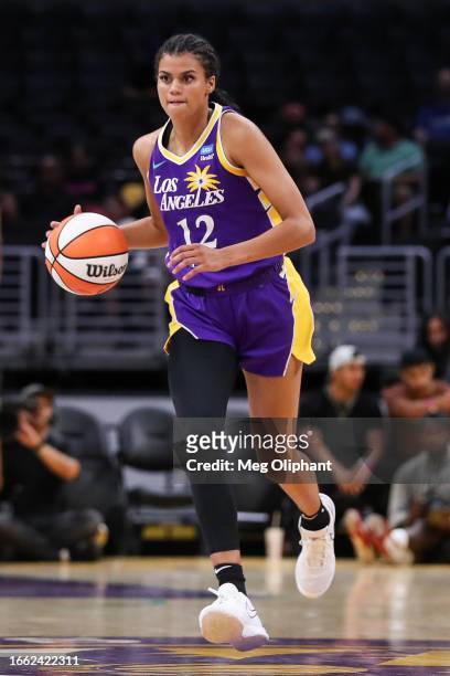 Guard Rae Burrell of the Los Angeles Sparks handles the ball in the first half against the Chicago Sky at Crypto.com Arena on August 29, 2023 in Los...