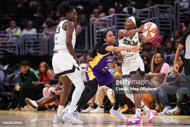 Guard Jordin Canada of the Los Angeles Sparks defends guard Dana Evans of the Chicago Sky in the first half at Crypto.com Arena on August 29, 2023 in...