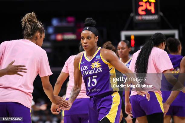 Guard Jasmine Thomas of the Los Angeles Sparks reacts with the team during the first half against the Chicago Sky at Crypto.com Arena on August 29,...