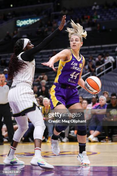 Guard Karlie Samuelson of the Los Angeles Sparks handles the ball in the first half against the Chicago Sky at Crypto.com Arena on August 29, 2023 in...