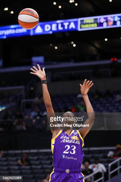 Forward Azura Stevens of the Los Angeles Sparks shoots in the first half against the Chicago Sky at Crypto.com Arena on August 29, 2023 in Los...