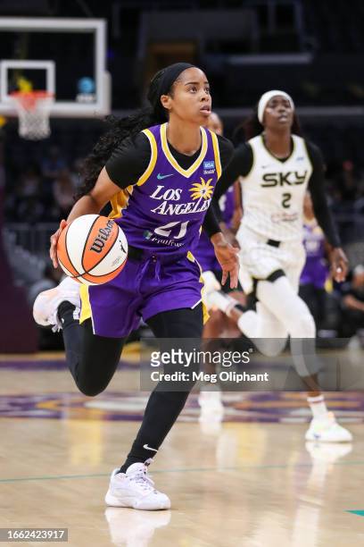 Guard Jordin Canada of the Los Angeles Sparks handles the ball in the first half against the Chicago Sky at Crypto.com Arena on August 29, 2023 in...