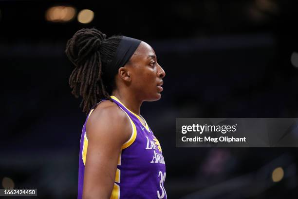 Forward Nneka Ogwumike of the Los Angeles Sparks warms up before the game against the Chicago Sky at Crypto.com Arena on August 29, 2023 in Los...