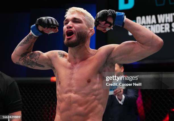 Serhiy Sidey of Ukraine reacts after his victory over Ramon Taveras in a bantamweight fight during Dana White's Contender Series season seven, week...