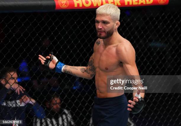 Serhiy Sidey of Ukraine reacts after his victory over Ramon Taveras in a bantamweight fight during Dana White's Contender Series season seven, week...