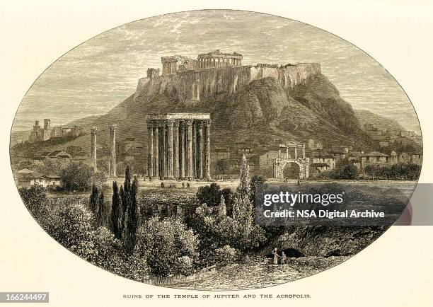 temple of jupiter and the acropolis, athens, greece - jupiter roman god stock illustrations