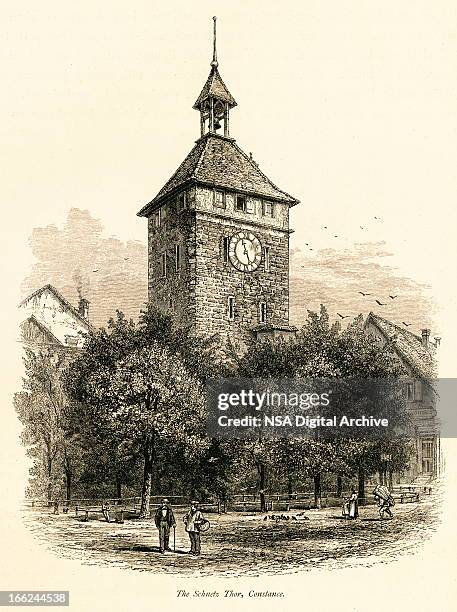 schnetztor, konstanz, germany (antique wood engraving) - clock on wall stock illustrations