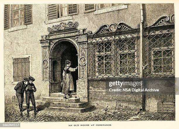 old house at konstanz, germany (antique wood engraving) - germany stock illustrations