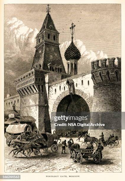 nikolsky gate, moscow, russia (antique wood engraving) - st nicholas stock illustrations