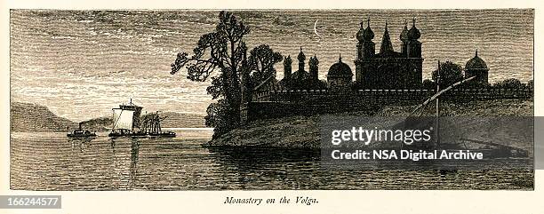 monastery on the volga, russia (antique wood engraving) - volga river russia stock illustrations