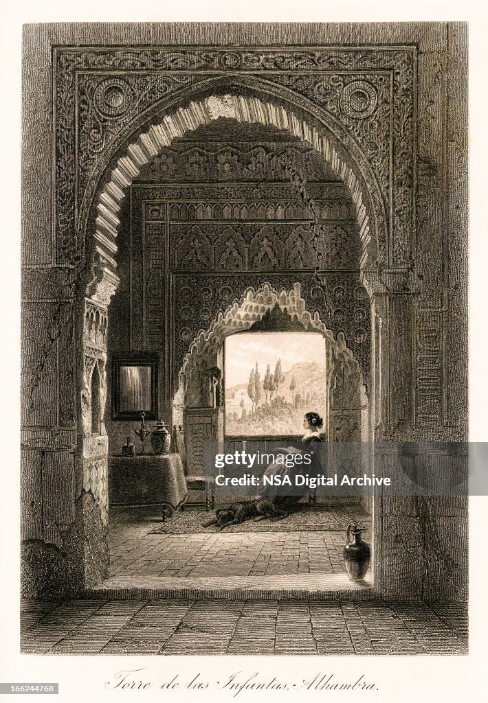 Tower of the Princesses, Alhambra, Spain (antique steel engraving)