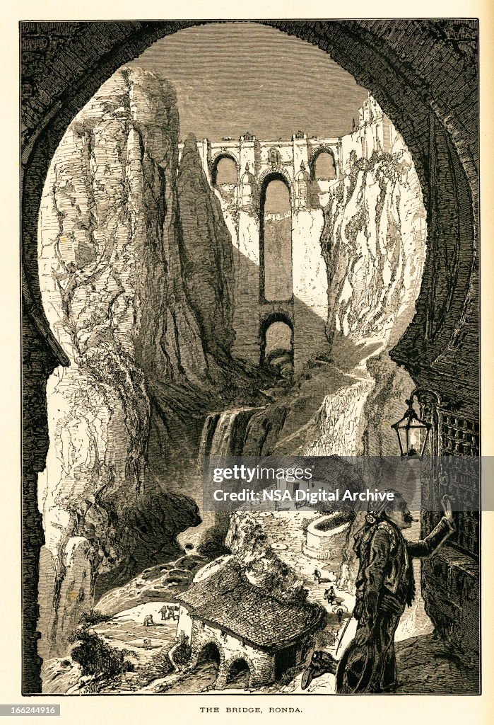 The Bridge, Ronda, Spain (antique wood engraving)
