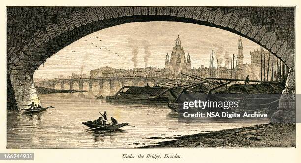 under the augustus bridge, dresden, germany - dresden frauenkirche stock illustrations
