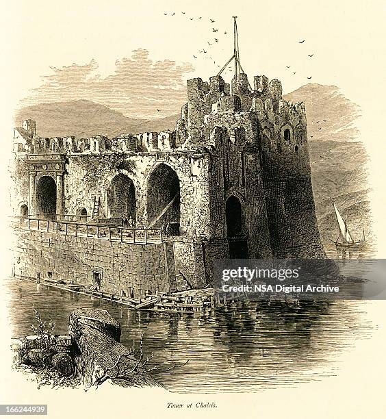 tower at chalcis, greece (antique wood engraving) - aegean sea stock illustrations