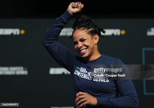 Dione Barbosa of Brazil reacts after being awarded a UFC contract during Dana White's Contender Series season seven, week five at UFC APEX on...