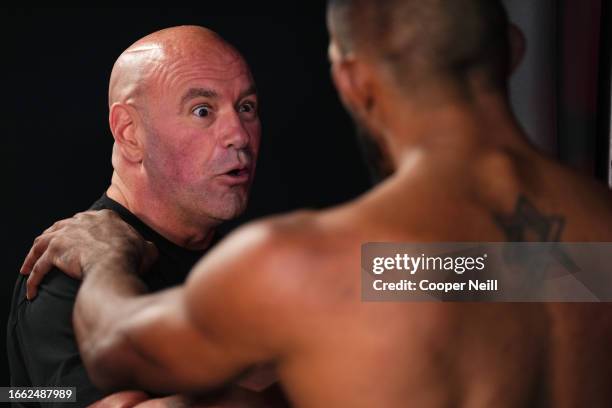 President Dana White speaks with Brendson Ribeiro of Brazil after awarding him a UFC contract during Dana White's Contender Series season seven, week...