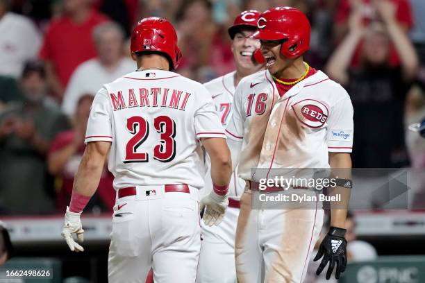 Nick Martini and Noelvi Marte of the Cincinnati Reds celebrate after Martini hit a home run in the eighth inning against the Seattle Mariners at...