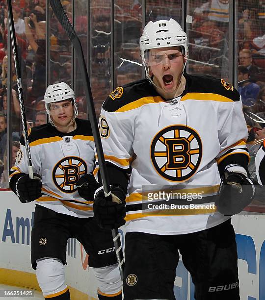 Tyler Seguin of the Boston Bruins celebrates his game winning goal against the New Jersey Devils at the Prudential Center on April 10, 2013 in...