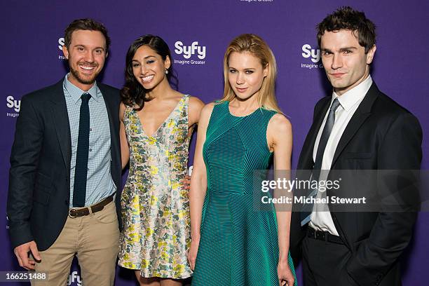 Actors Sam Huntington, Meaghan Rath, Kristen Hager and Sam Witwer attend the 2013 Syfy Upfront at Silver Screen Studios at Chelsea Piers on April 10,...