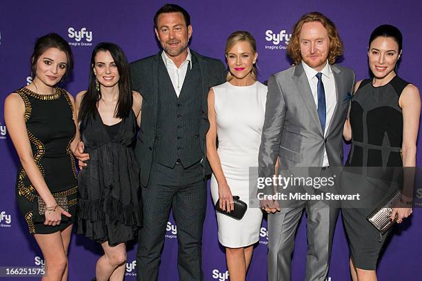 Actors Stephanie Leonidis, Mia Kirshner, Grant Bowler, Julie Benz, Tony Curran and Jaime Murray attends the 2013 Syfy Upfront at Silver Screen...