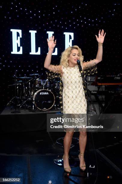 Singer Rita Ora performs onstage at the 4th Annual ELLE Women in Music Celebration at The Edison Ballroom on April 10, 2013 in New York City.