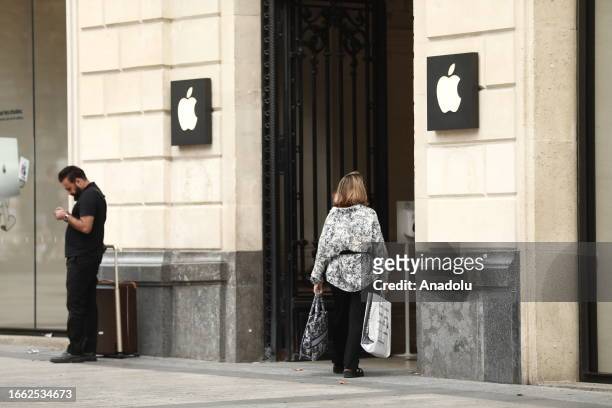 View of Apple's store after the sale of iPhone 12 model phones is banned in Paris, France on September 13, 2023. The sales of the iPhone 12 model...