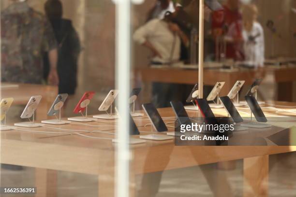 View of Apple's store after the sale of iPhone 12 model phones is banned in Paris, France on September 13, 2023. The sales of the iPhone 12 model...