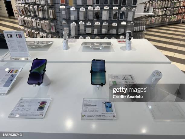 View of Apple's store after the sale of iPhone 12 model phones is banned in Paris, France on September 13, 2023. The sales of the iPhone 12 model...