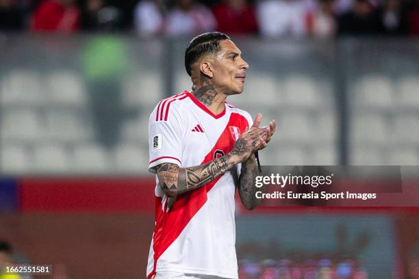 Paolo Guerrero of Peru gestures during the FIFA World Cup 2026 Qualifiers at Estadio Nacional de Lima on September 12, 2023 in Lima, Peru.