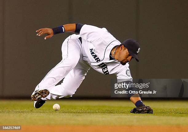 Center fielder Franklin Gutierrez of the Seattle Mariners misplays a ball hit by Jason Castro of the Houston Astros in the third inning at Safeco...